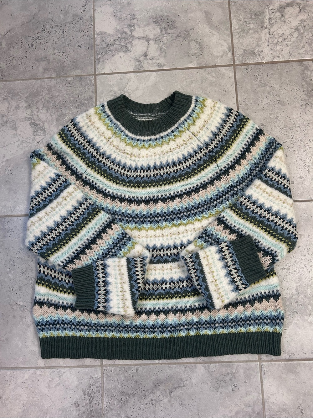 American Eagle Outfitters Green, Cream & Blue Fair Isle Crewneck Sweater